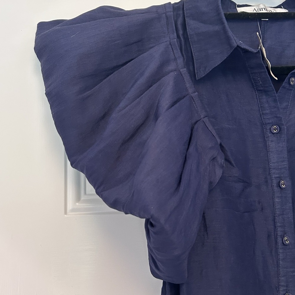 Aureta Studio Stella Blouse S Navy Blue Linen Silk Puff Sleeves Top Luxury Drama - Picture 6 of 13